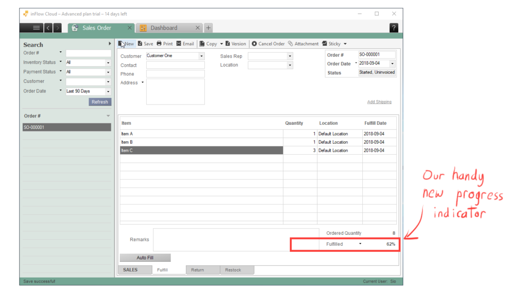 inFlow Inventory's progress indicator for sales and purchase orders