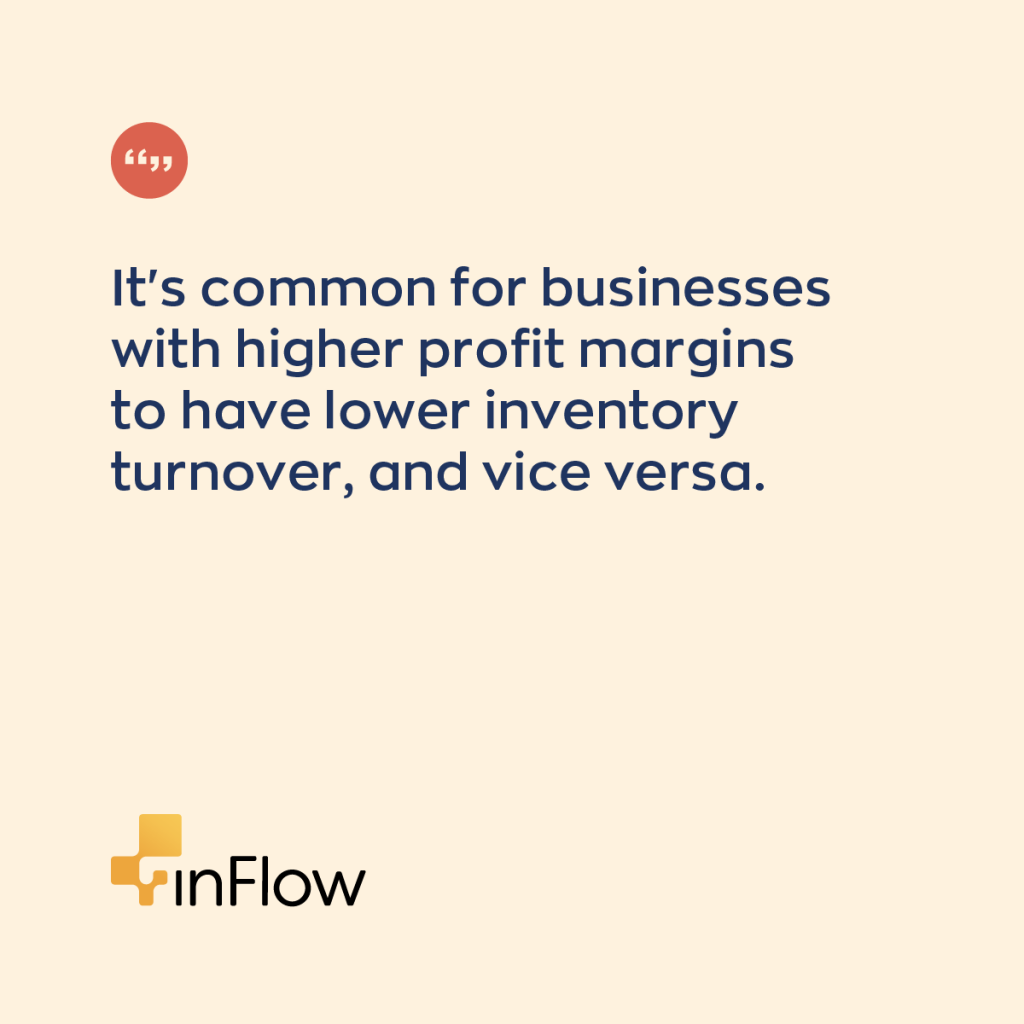 It's common for businesses with higher profit margins to have a lower inventory turnover, and vice versa.