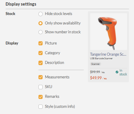 Showroom product display settings. You can choose how the stock information will be shown, or if you want to show the product category or description. 