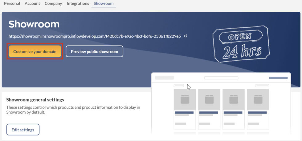 Online Showroom settings page, showing the Customize your domain" button. 