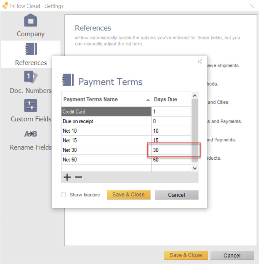 Payment terms settings in inFlow Inventory for Windows. 