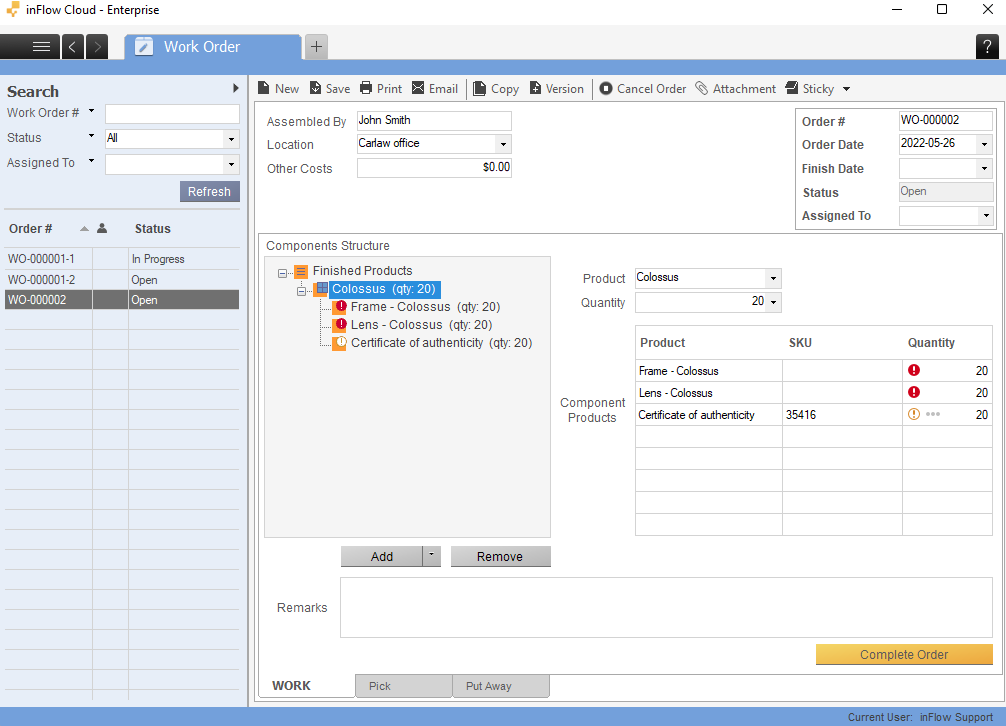 Work order screen on inFlow Inventory for Windows. Showing the components that will be assembled to make the finished product. 