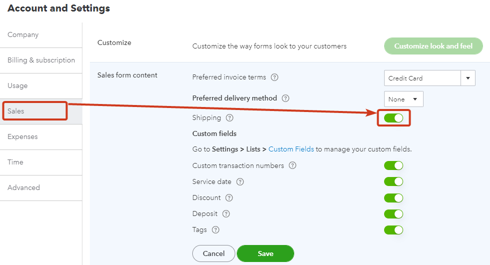 QuickBooks Online Account and Settings page, with arrow point to Shipping toggle inside the Sales tab