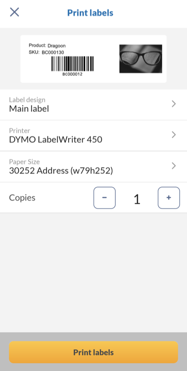 inFlow mobile app label printing