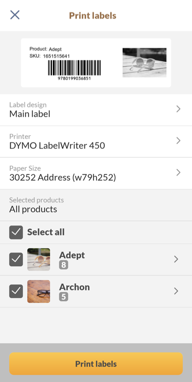 inFlow mobile app label printing