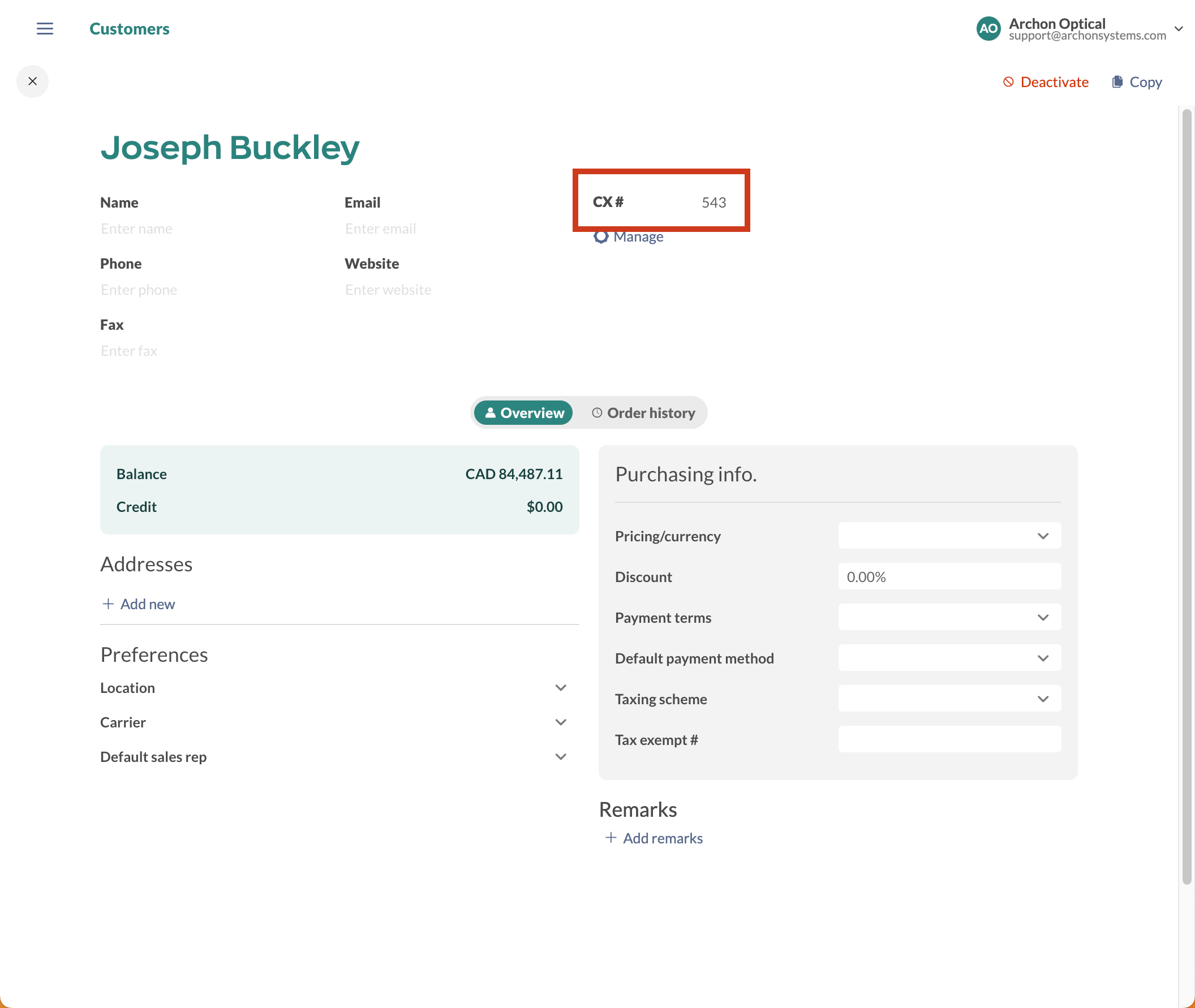 inFlow customer record, highlighting a custom field