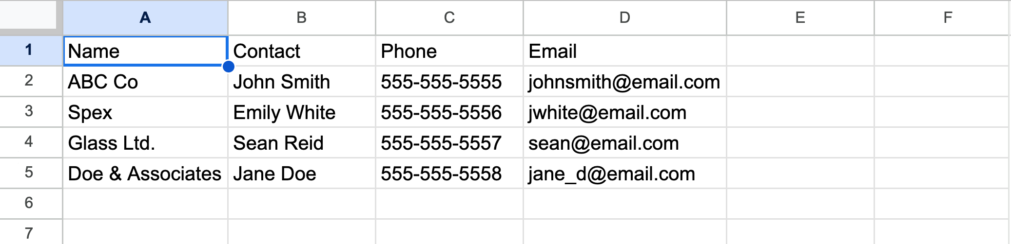 Vendor/customer example CSV template