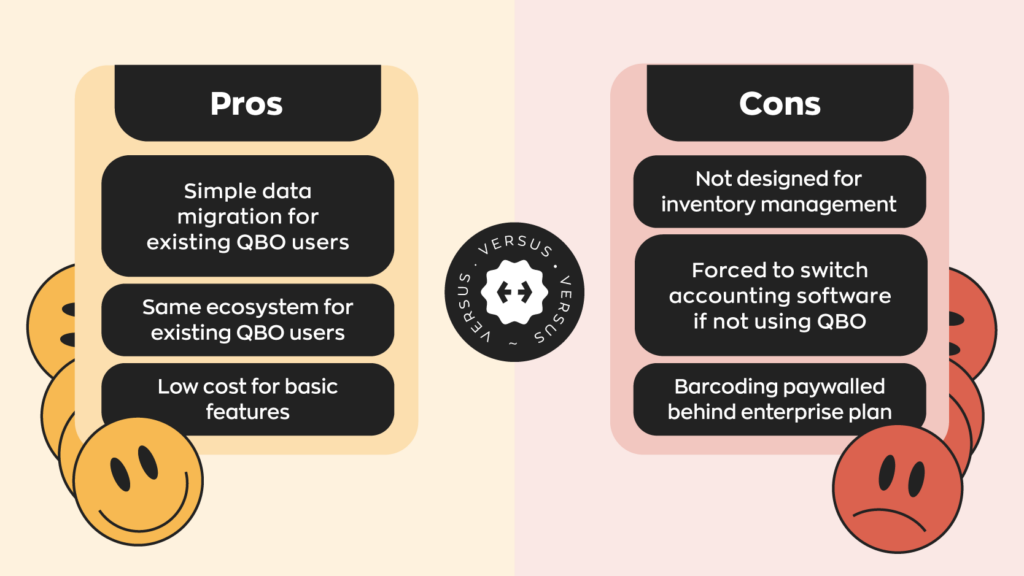 Pros of switching from QB Commerce to QBO:
- Simple data migration for existing QBO users
- Same ecosystem for existing QBO users
- Low cost for basic features  Cons of switching from QB Commerce to QBO:
- Not designed for inventory management
- Forced to switch accounting software if not using QBO
- Barcoding paywalled behind enterprise plan