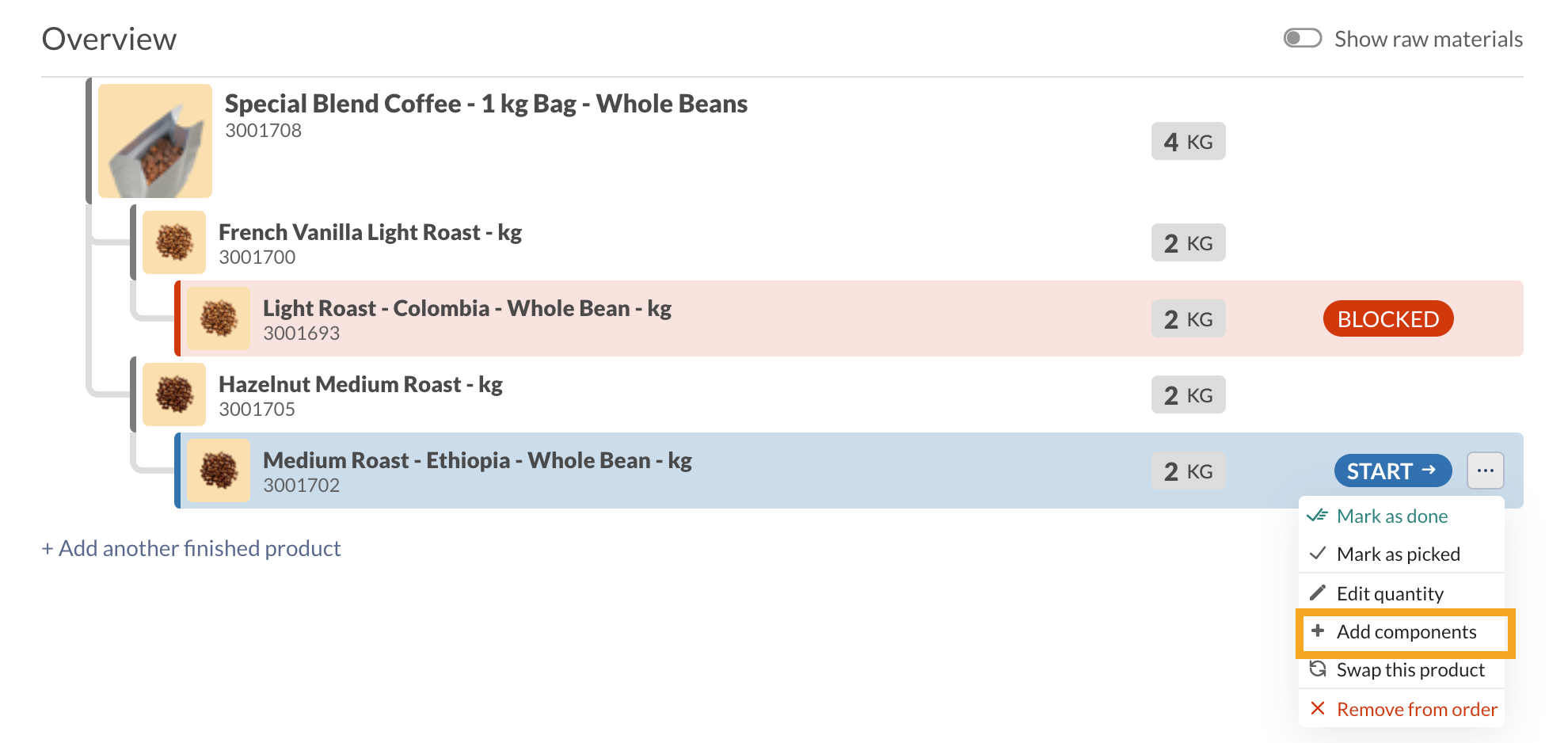 inFlow Manufacture order showing the Overview table with component products. Selecting the three dots next to a component loads a menu to add components to the Manufacture order.