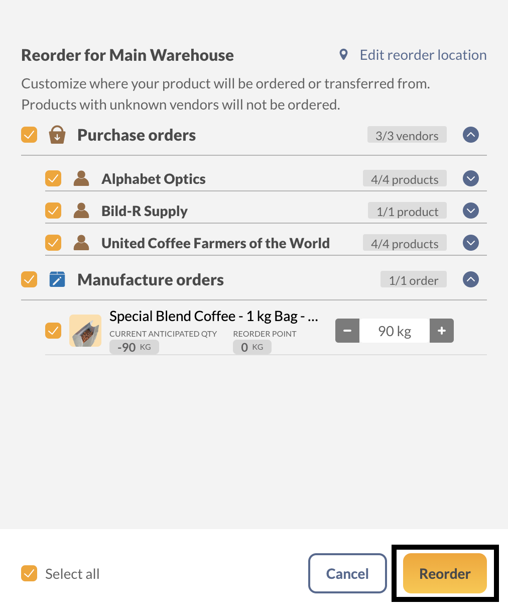 inFlow reorder settings window