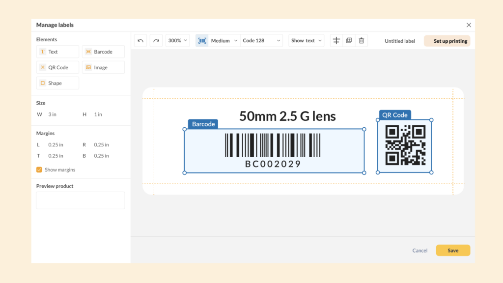 A graphic showing the inFlow label designer creating a barcode label with both a 1D barcode and a 2D barcode.