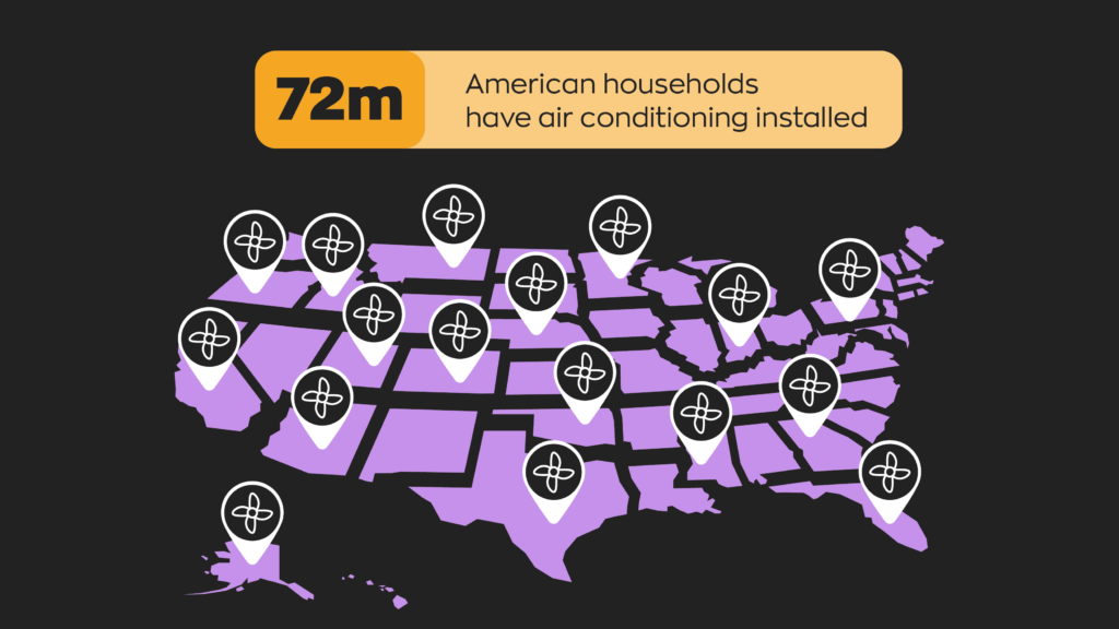 A map of the US showing 72 million households with air conditioning. 