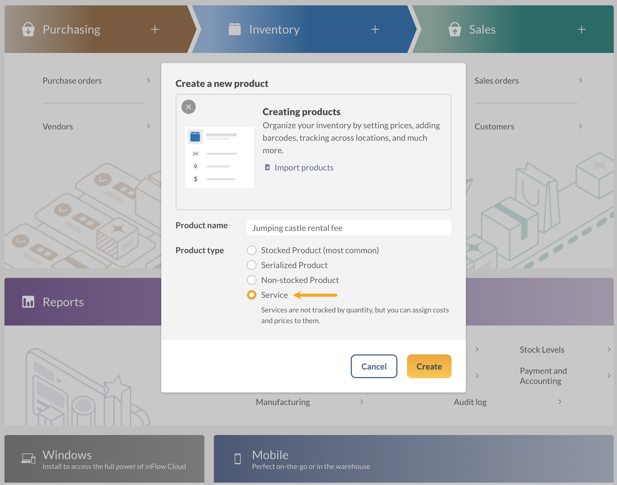 Creating a new service product in inFlow