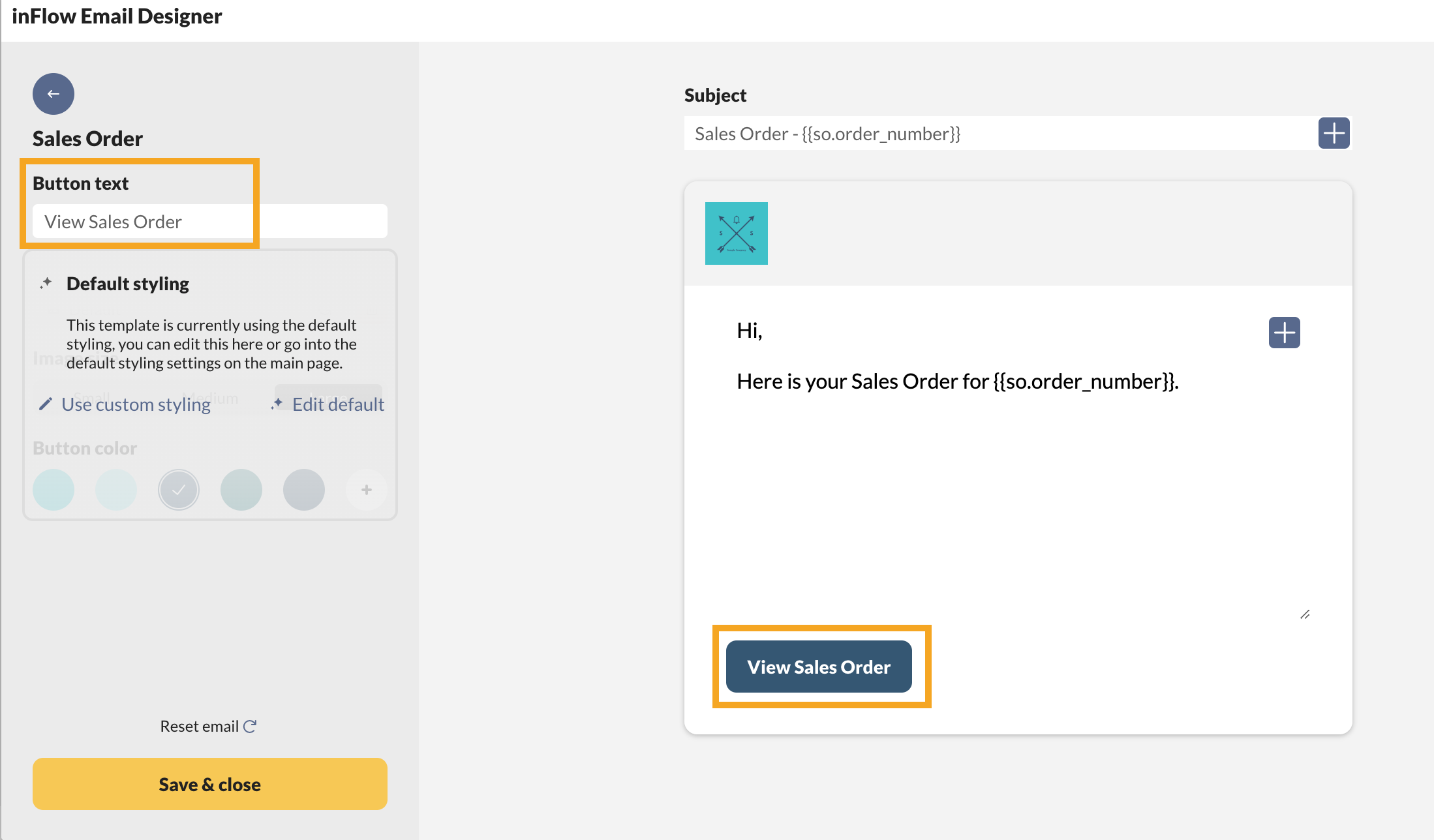 The Email Designer screen, with a focus on the "Button text" field that can be modified. 