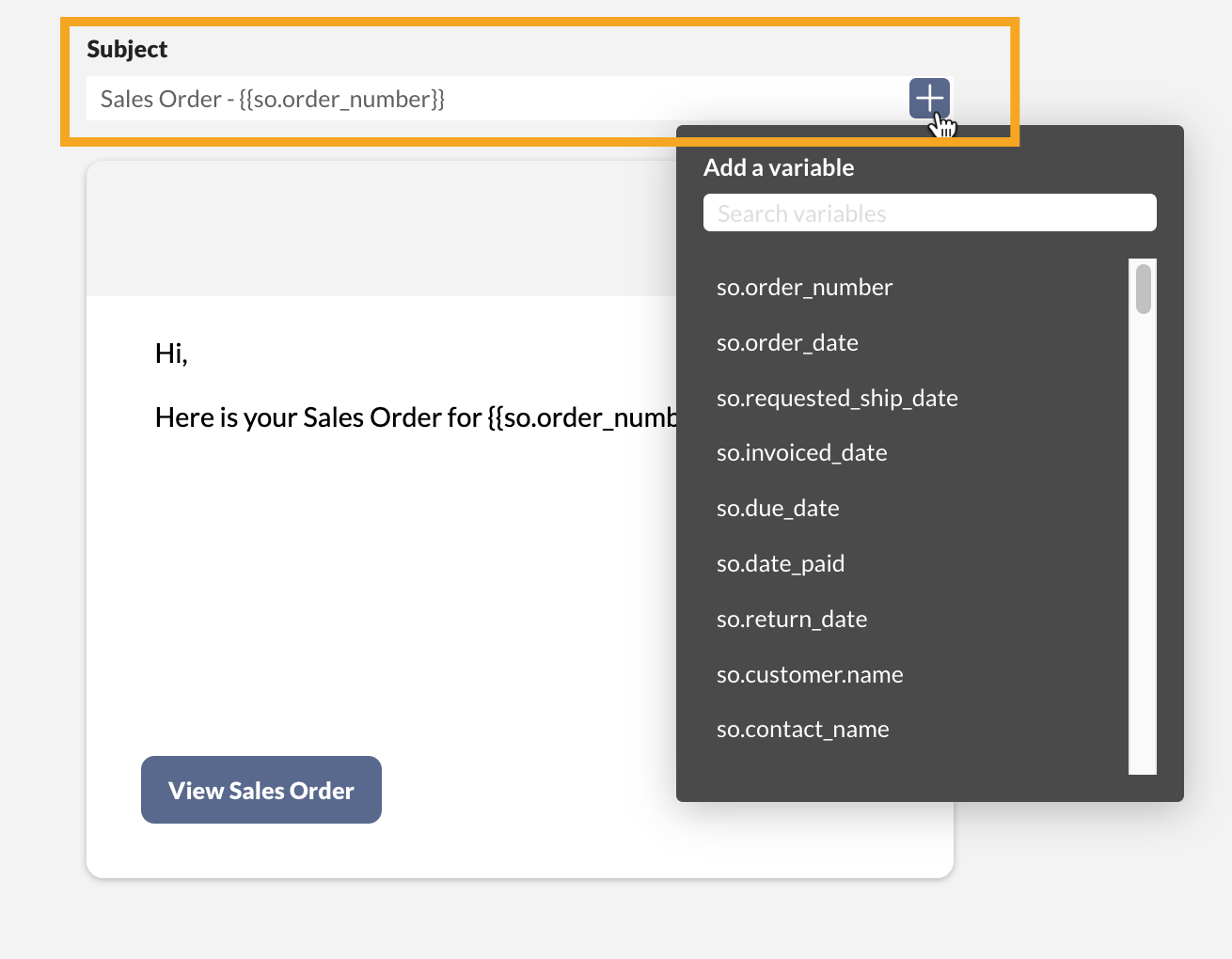 Editing the subject line with the email Designer. Variables can be added by selecting the plus icon.