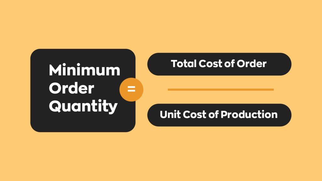 Minimum Order Quantity (MOQ) formula:
Minimum Order Quantity = Total Cost of Order / Unit Cost of Production