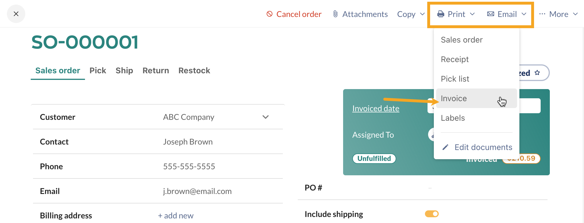 The inFlow sales order screen highlights the Print and Email button for sending invoices.
