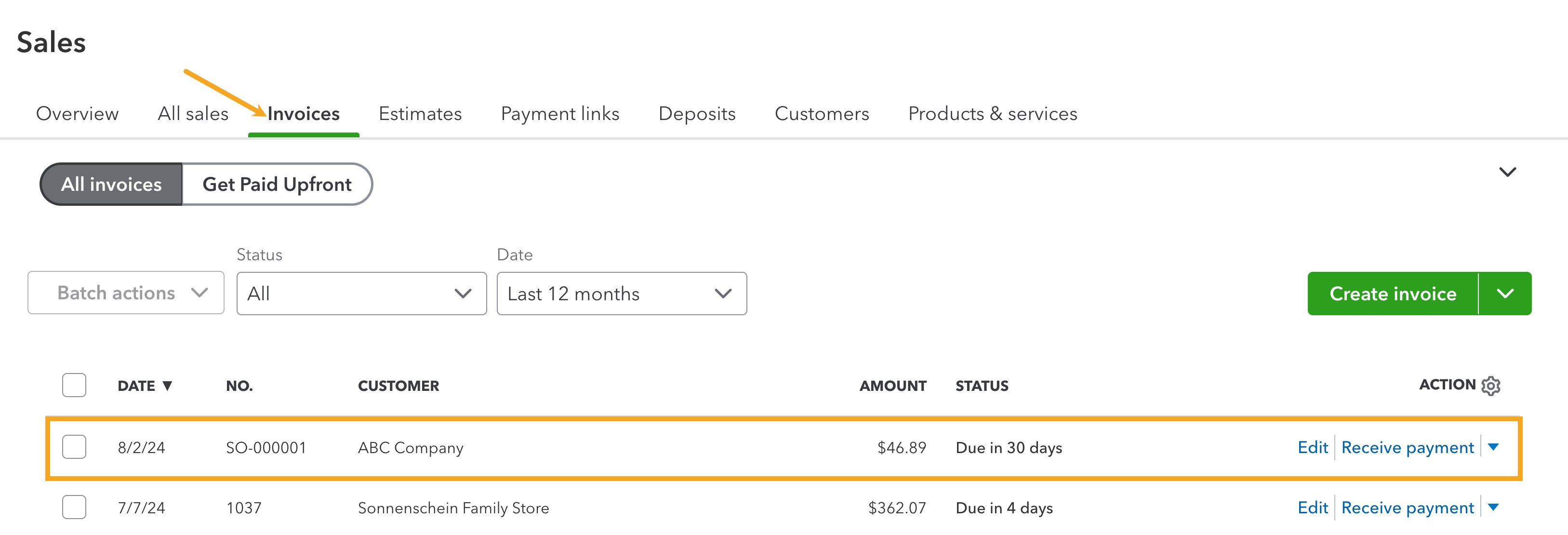 QuickBooks Online Invoices area where inFlow sales orders are pushed.
