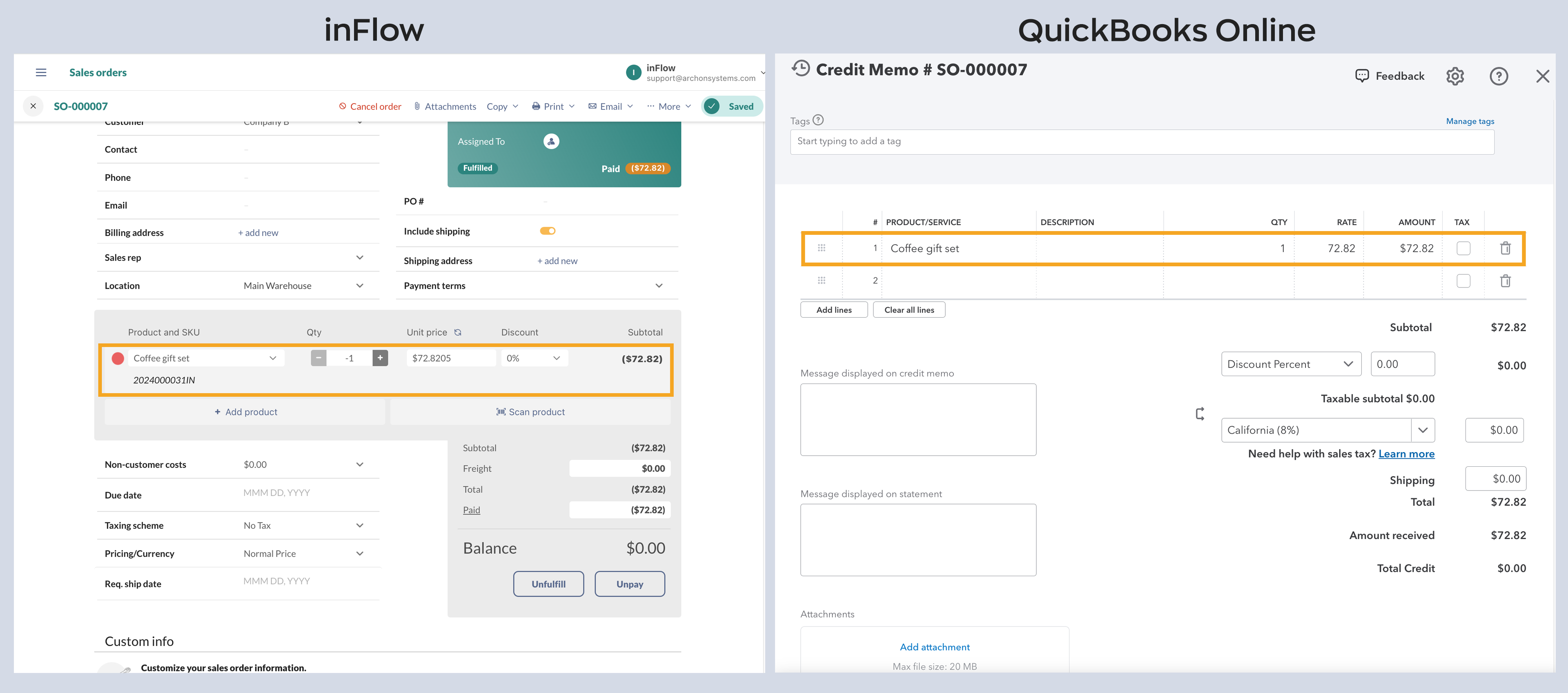 This image shows a refund processed in inFlow on a blank, unpaid sales order. The refund information has been pushed to the matching invoice in QuickBooks Online.
