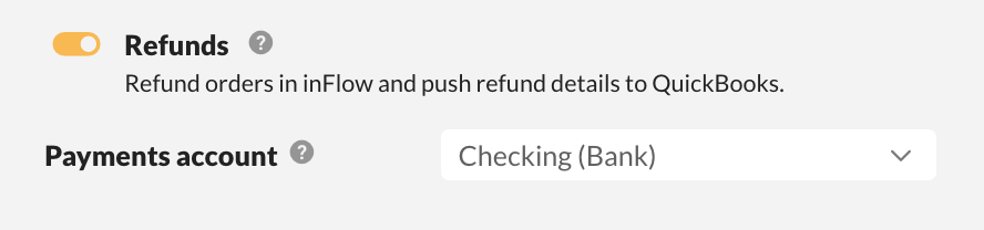 QuickBooks Online integration sales order push refund and payments account settings.
