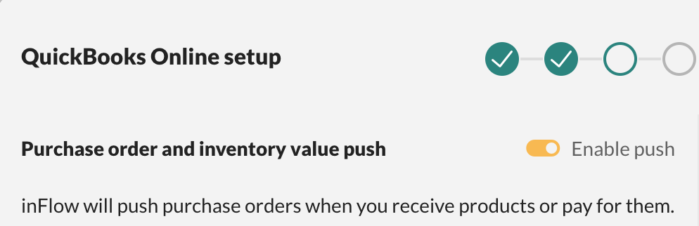 QuickBooks Online integration setup screen, where the Purchase order and inventory value push setting is toggled on.
