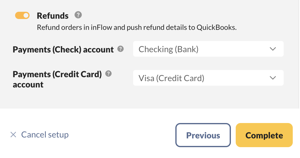 QuickBooks Online integration screen shows the purchase order push payments checking and credit card account setup.