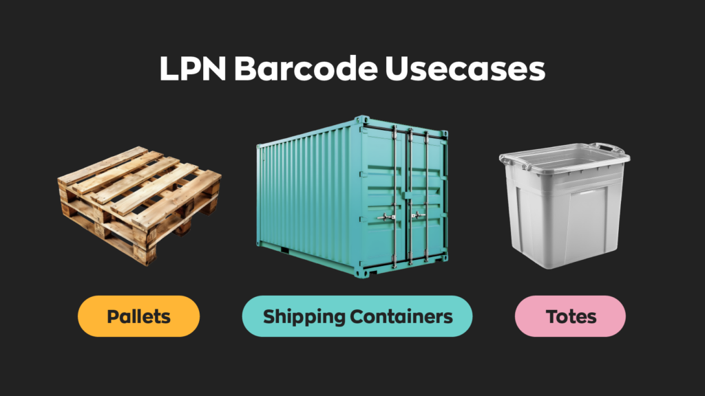 A graphic showing an example of what LPN barcodes are used for.
- Pallets
- Shipping containers
- Totes