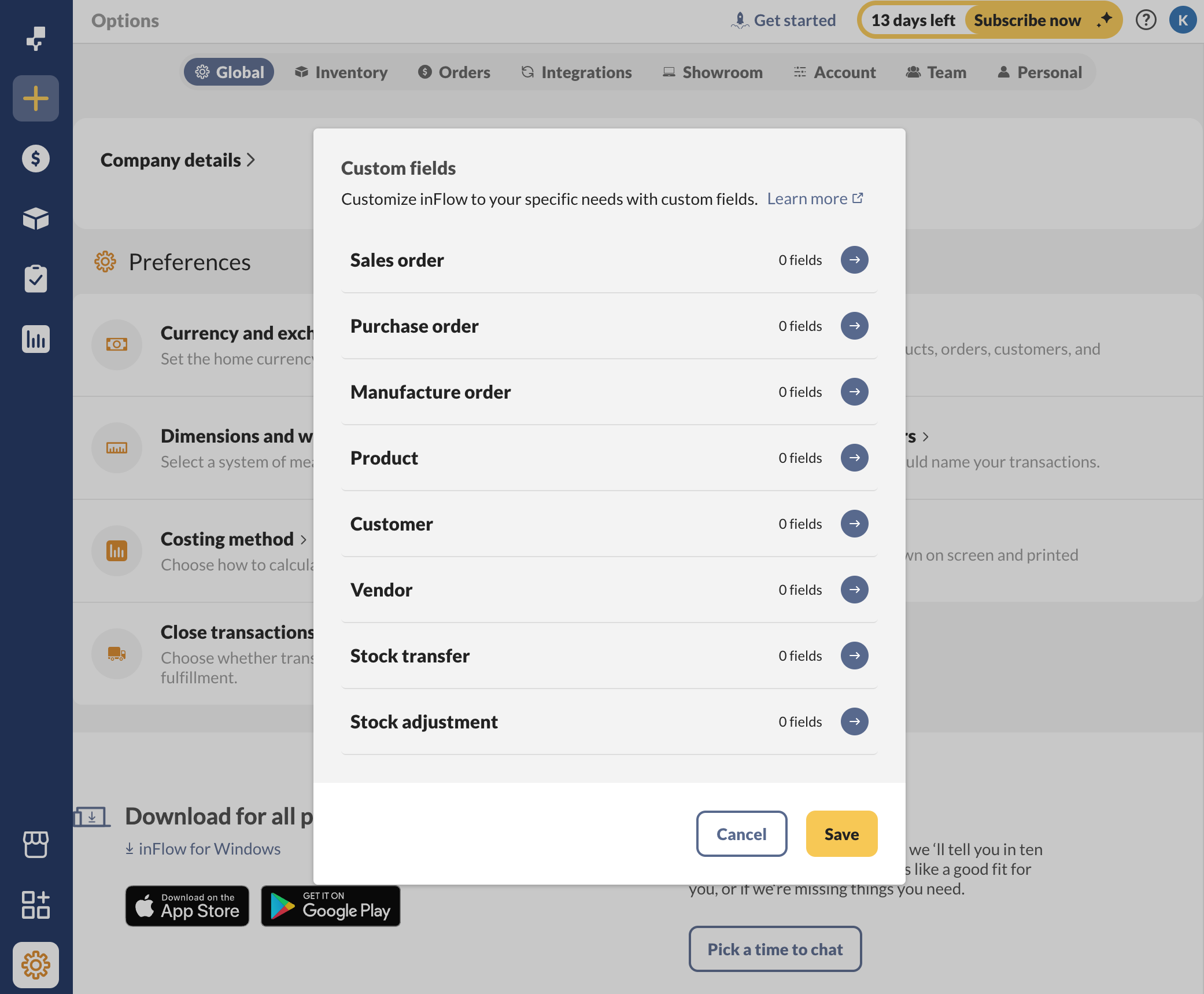 Custom field settings on inFlow for Web.