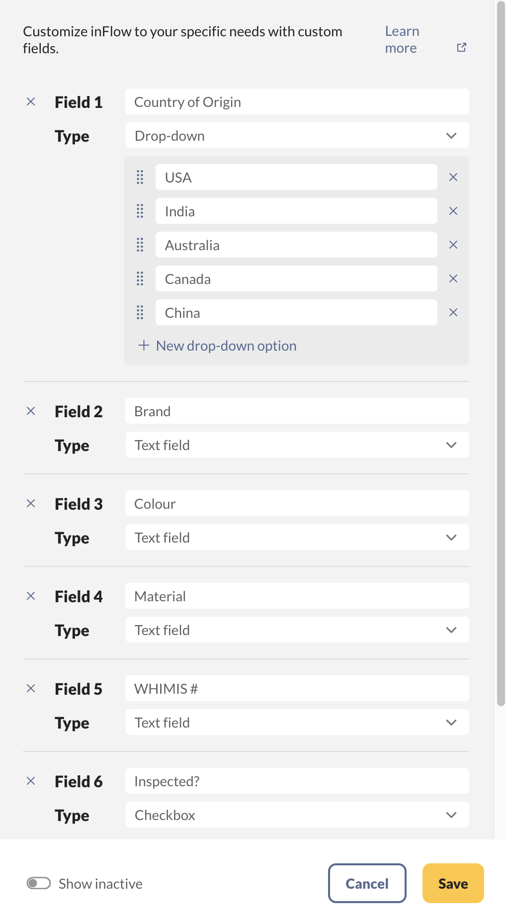 This shows multiple custom fields of different types.