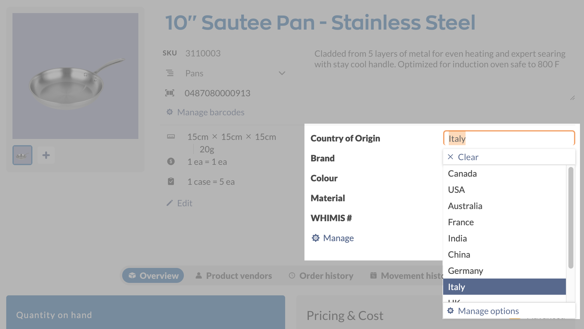 An example of how a drop-down custom field will appear on a product record.