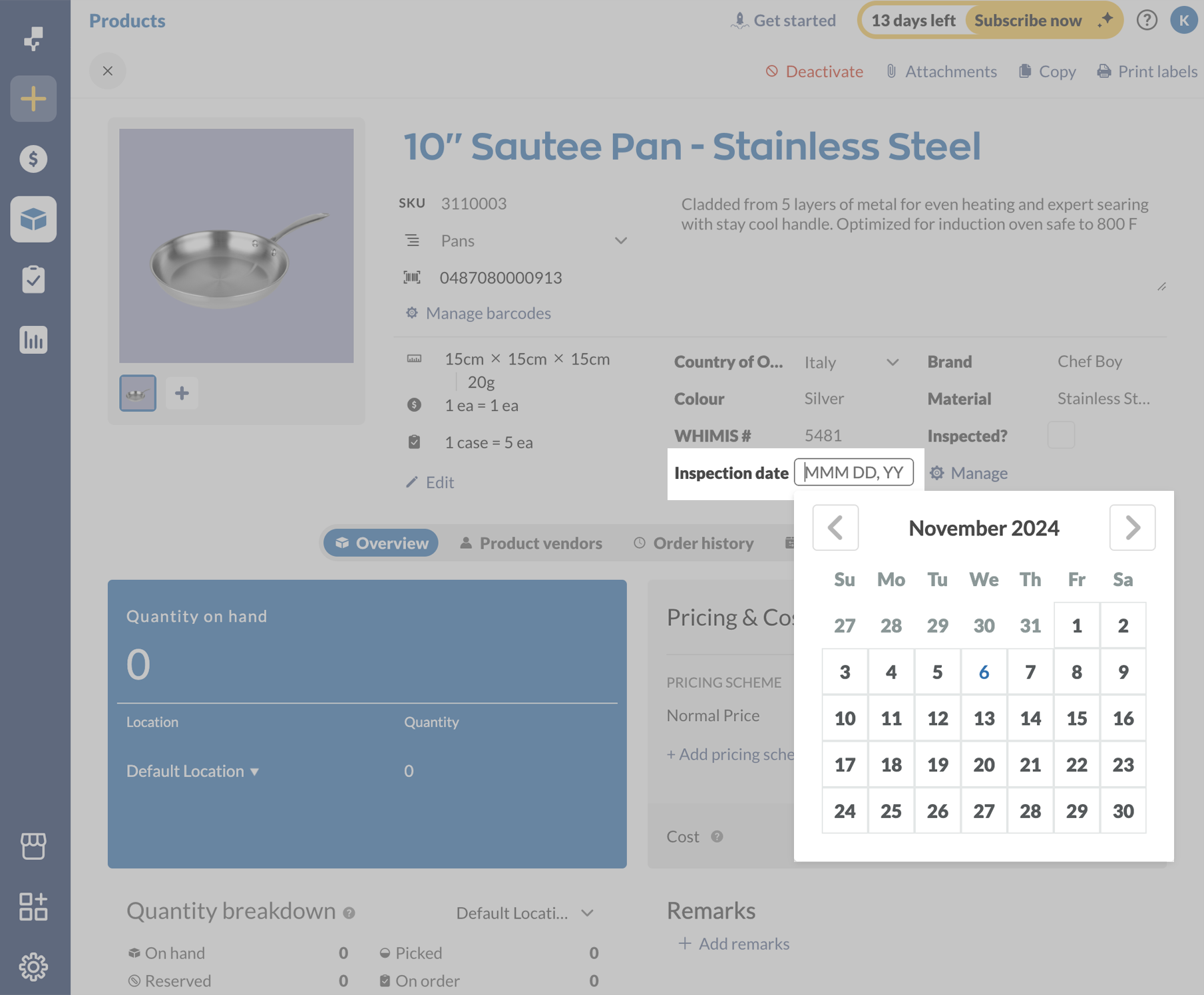 Here is an example of a date custom field on a product record.