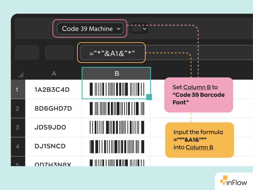 An example of what it looks like when you create barcodes in Excel