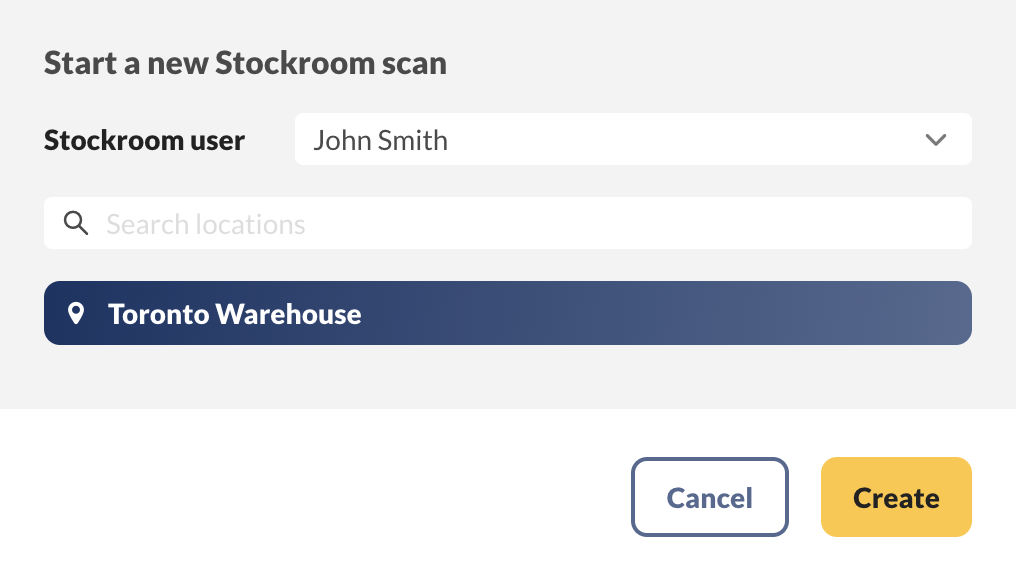 Starting a new stockroom scan in inFlow for Web.