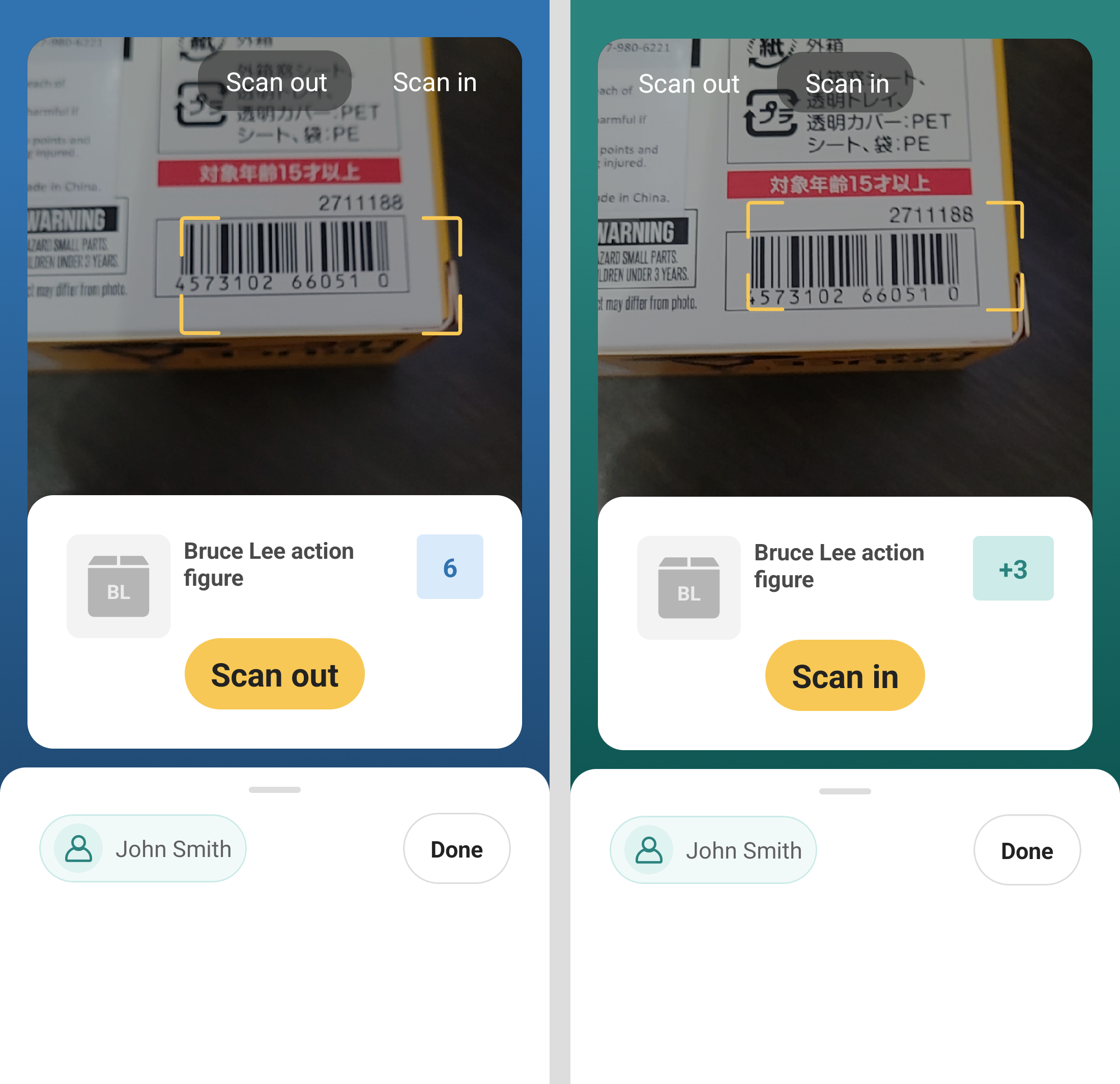 Examples of the Scan out and Scan in features in the stockroom app.