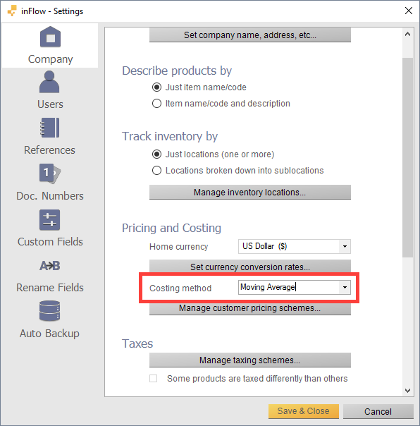 Costing method settings