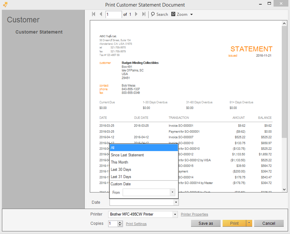Print Customer Statement