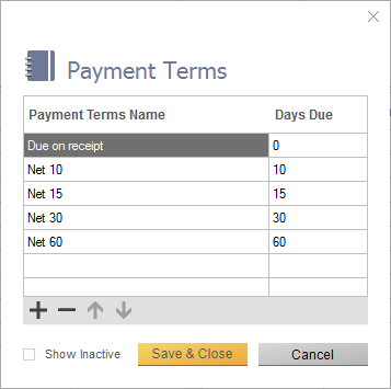 List of default payment terms in inFlow. Showing:
Due on receipt 
Net 10 
Net 15
Net 30
Net 60