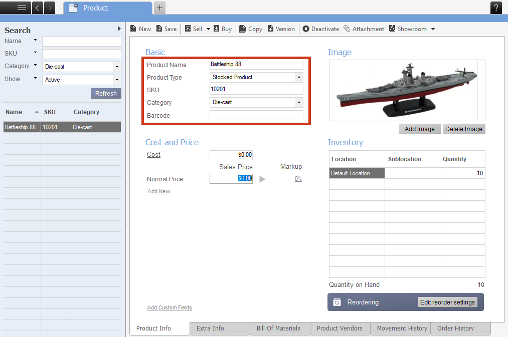 A product record on inFlow Inventory for Windows.